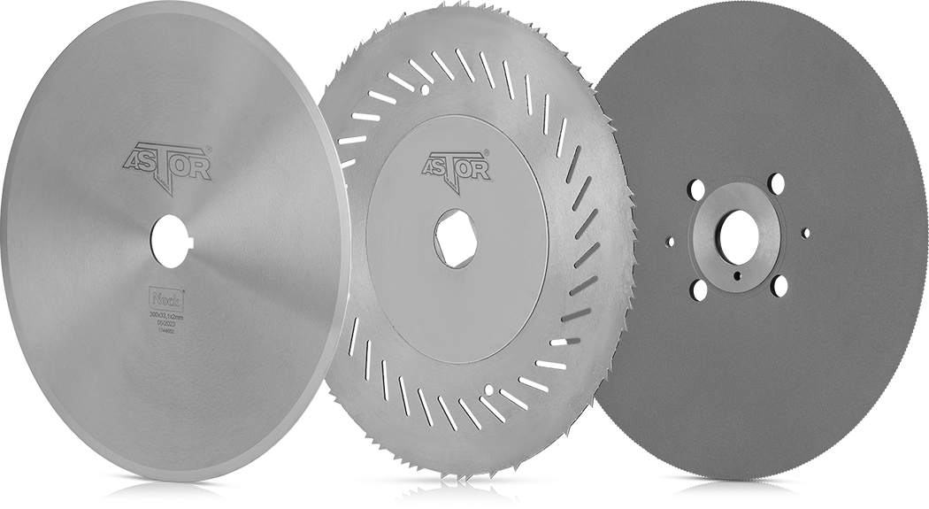 Photo of three different circular blades on transparent background