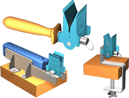 Models of three different Qixx knife sharpeners on a transparent background